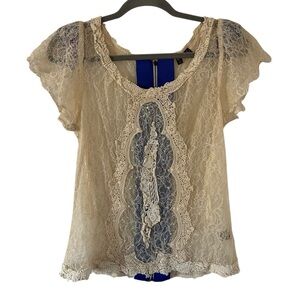 Y2K Lace Design Cream & Blue 2000s Top Fei Shirt Sparkle Style Women’s Size 12!